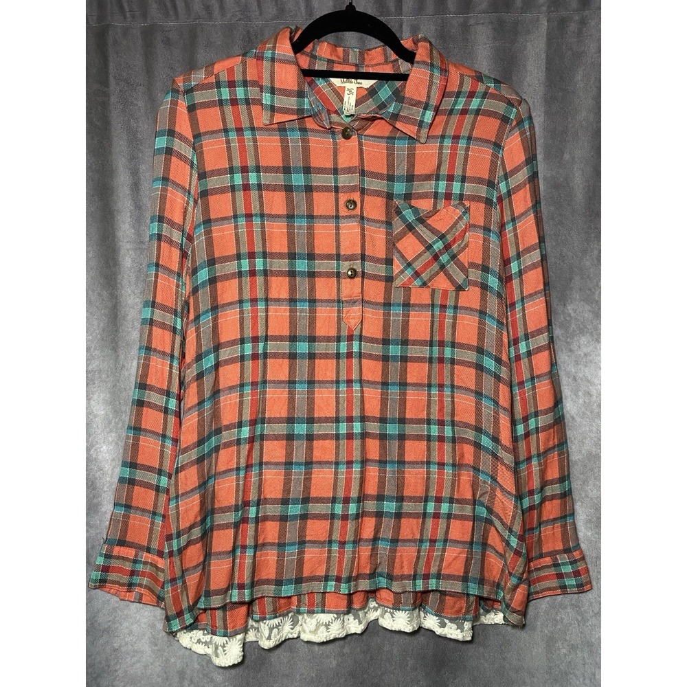 Matilda Jane Orange Plaid Boho Flannel Lace Long Sleeve Pullover Shirt Size M